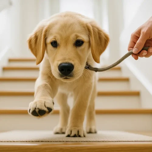 Ein junger Golden Retriever Welpe lernt an der Leine langsam und kontrolliert das Treppensteigen.