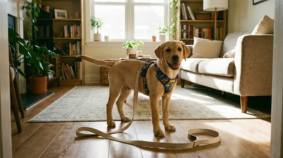 Ein kleiner Welpe steht im Wohnzimmer und trägt stolz sein neues Geschirr, an dem eine leichte Leine locker auf dem Boden liegt