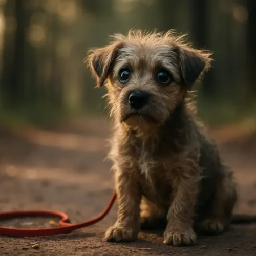 Ein Welpe sitzt auf einem Waldweg und blickt unsicher, während die Leine locker am Boden liegt.
