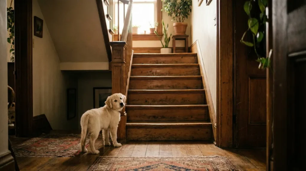 Ein kleiner Golden Retriever Welpe steht am unteren Ende einer Holztreppe und schaut skeptisch die Stufen hinauf, das Licht fällt von oben