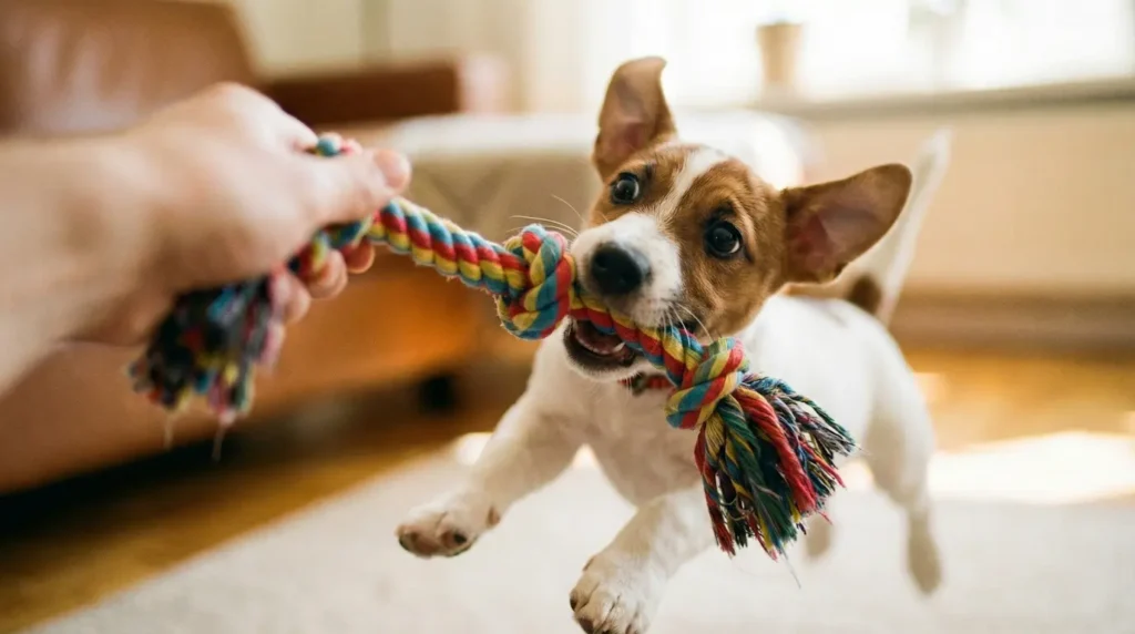 Ein kleiner Terrier-Welpe zerrt enthusiastisch an einem bunten Baumwollseil, er knurrt spielerisch, die Körpersprache ist locker