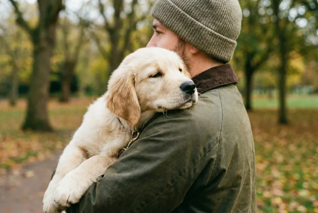 Nahaufnahme: Eine Person trägt einen Welpen liebevoll auf dem Arm einen Gehweg entlang, der Welpe schaut entspannt über die Schulter