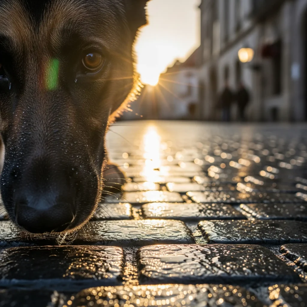 Ein Deutscher Schäferhund beim Mantrailing, der hochkonzentriert mit der Nase dicht über dem nassen Kopfsteinpflaster einer Stadt eine Geruchsspur verfolgt.