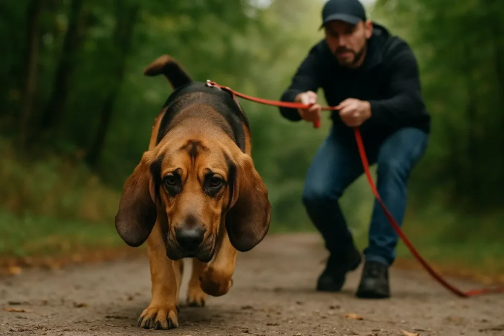 Ein Hund beim Mantrailing konzentriert sich mit tiefer Nase auf eine Geruchsspur in auf einem Weg.