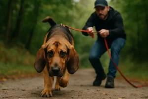 Ein Hund beim Mantrailing konzentriert sich mit tiefer Nase auf eine Geruchsspur in auf einem Weg.