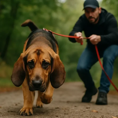 Ein Hund beim Mantrailing konzentriert sich mit tiefer Nase auf eine Geruchsspur in auf einem Weg.
