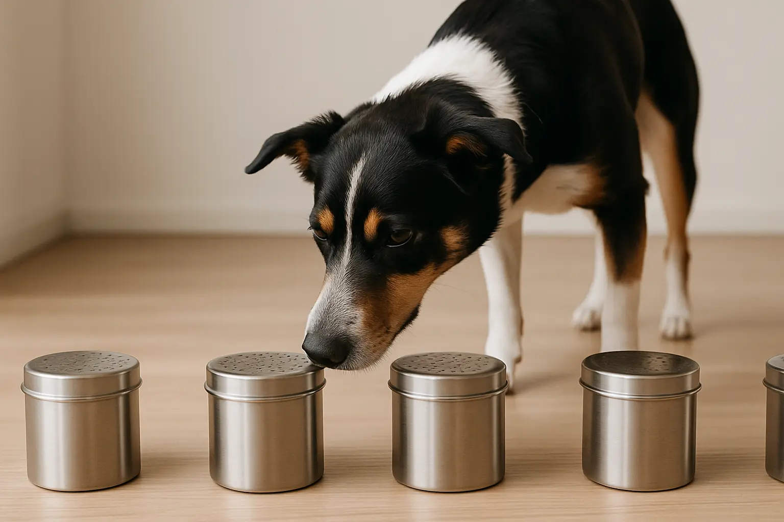 Ein Hund schnüffelt konzentriert an einem von mehreren identischen Behältern, um den richtigen Geruch zu identifizieren.