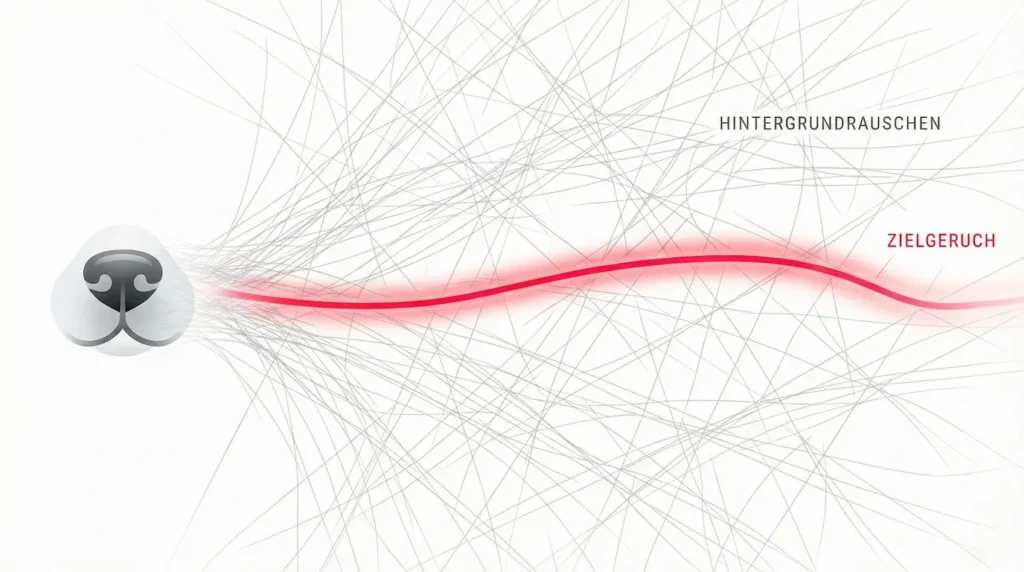 Grafik zeigt einen bunten Strauß an Geruchslinien (Verleitungen) und eine dickere rote Linie (Zielgeruch), die der Hund herausfiltert