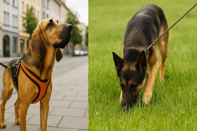 Zweigeteiltes Bild: Links ein Mantrailer-Hund mit hoher Kopfhaltung in der Stadt, rechts ein Fährtenhund mit tiefer Nase auf einer Wiese.