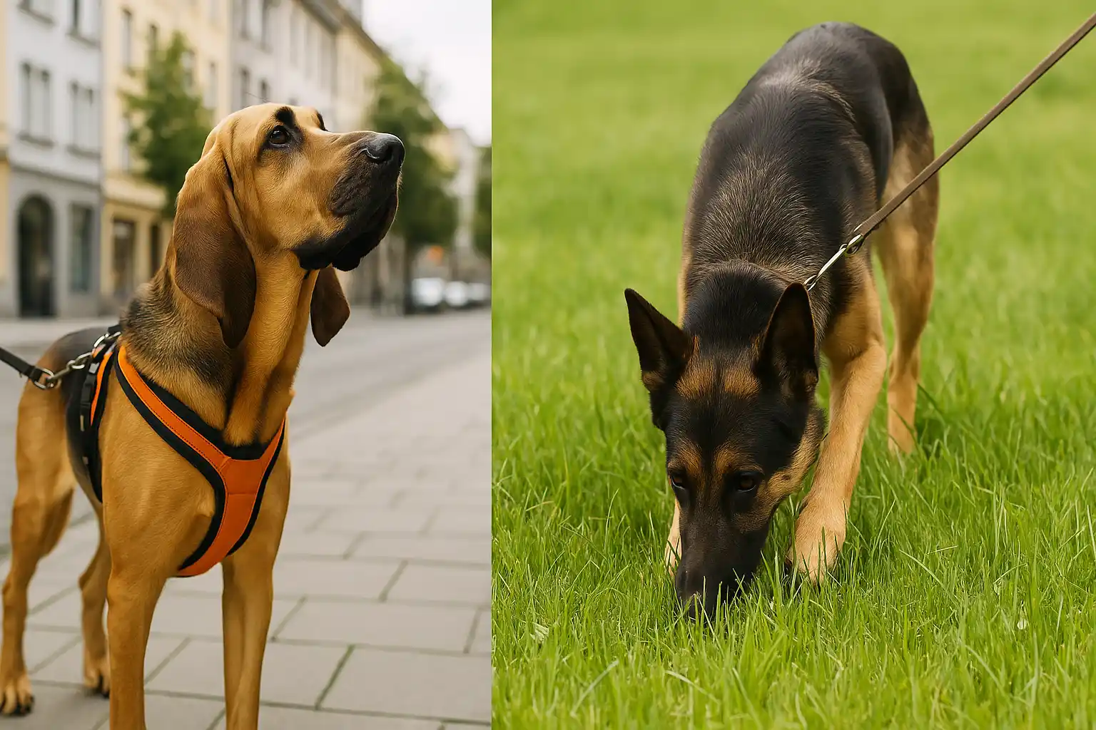 Zweigeteiltes Bild: Links ein Mantrailer-Hund mit hoher Kopfhaltung in der Stadt, rechts ein Fährtenhund mit tiefer Nase auf einer Wiese.