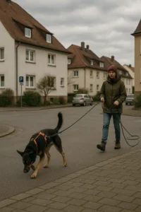 Mantrailing-Hund prüft an einer urbanen Kreuzung den Geruch; Hundeführerin hält die Schleppleine locker und bleibt neutral hinter dem Hund