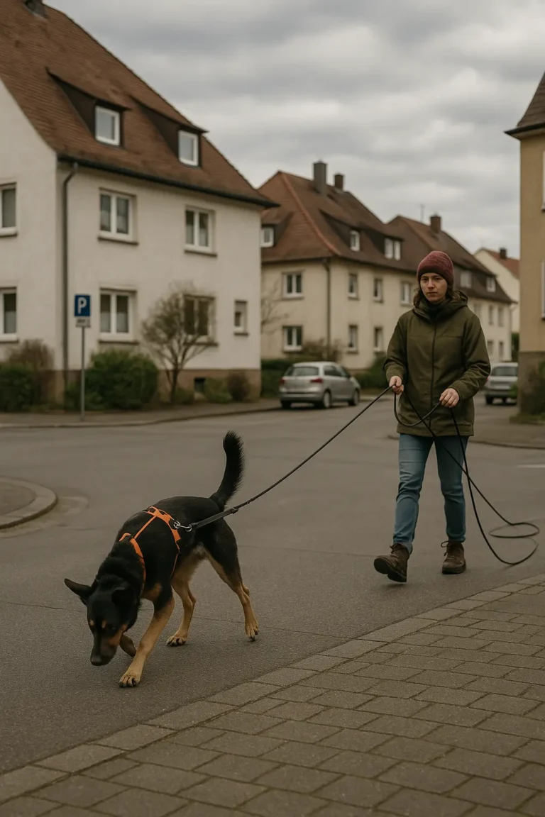 Mantrailing-Hund prüft an einer urbanen Kreuzung den Geruch; Hundeführerin hält die Schleppleine locker und bleibt neutral hinter dem Hund