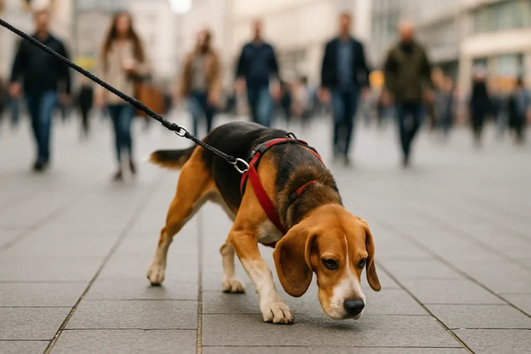Ein Mantrailing-Hund arbeitet konzentriert auf einem belebten städtischen Platz, im Hintergrund unscharf Passanten.
