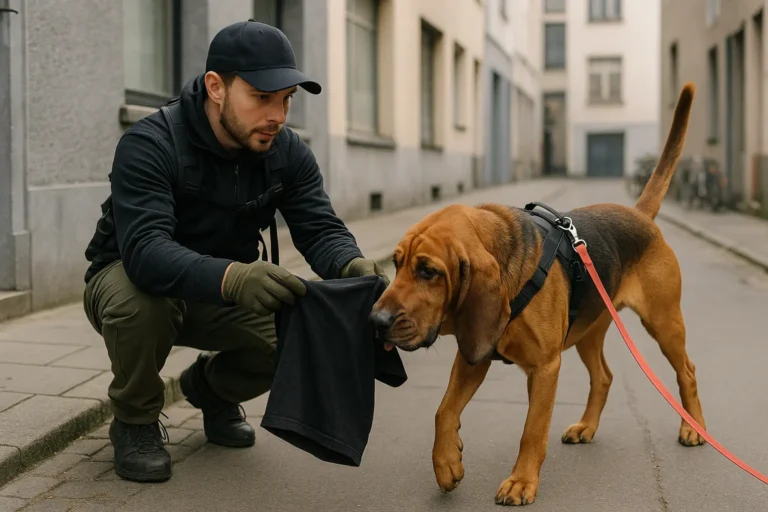 Mantrailing-Team bestehend aus Hund und Hundeführer bei der Geruchsaufnahme von einem T-Shirt in einem urbanen Umfeld.