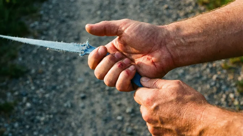 Nahaufnahme von Händen ohne Handschuhe, die eine Nylonleine krampfhaft halten, Rötungen an der Haut sichtbar
