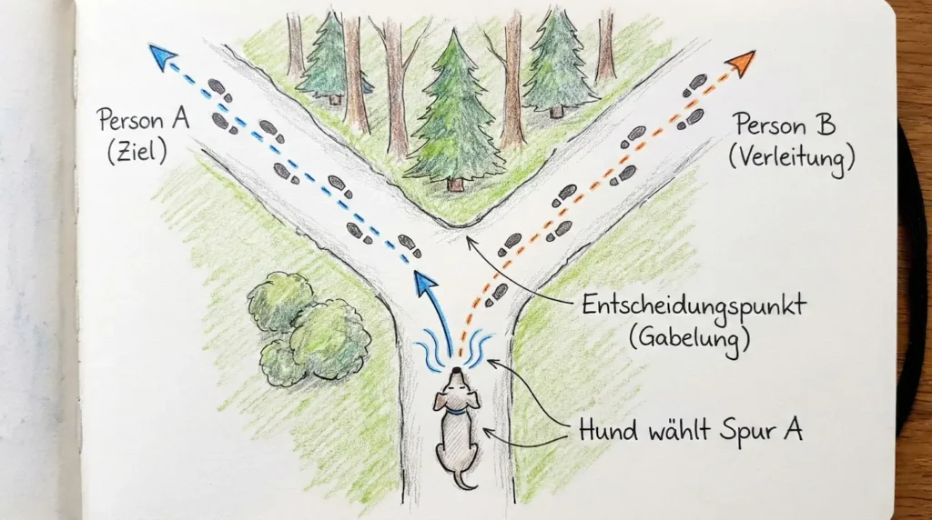Skizze eines Y-Splits: Zwei Personen starten gemeinsam, trennen sich dann. Der Hund muss an der Gabelung dem korrekten Geruch folgen.