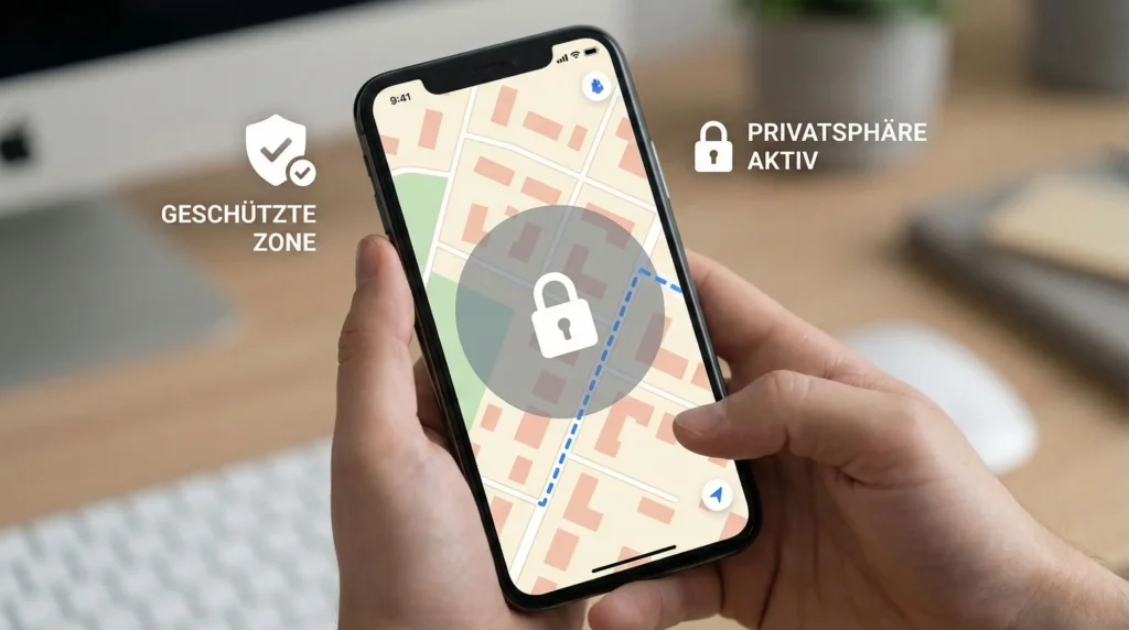 Smartphone mit einer Karte, auf der Start- und Zielpunkt durch einen grauen Kreis (Privacy Zone) unkenntlich gemacht sind