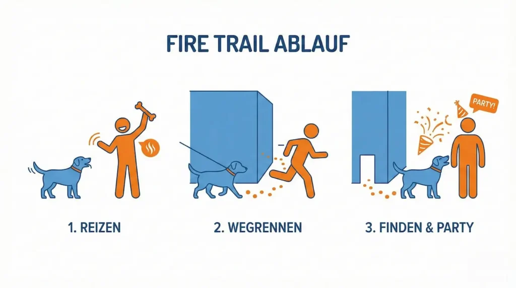 Grafik die zeigt wie die Versteckperson den Hund animiert und dann wegläuft während der Hundeführer den Hund hält