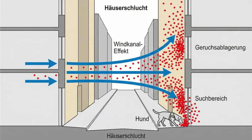 Vogelperspektive einer Straße mit hohen Häusern. Rote Pfeile zeigen, wie der Wind den Geruch (blaue Wolke) an die Hauswände drückt.