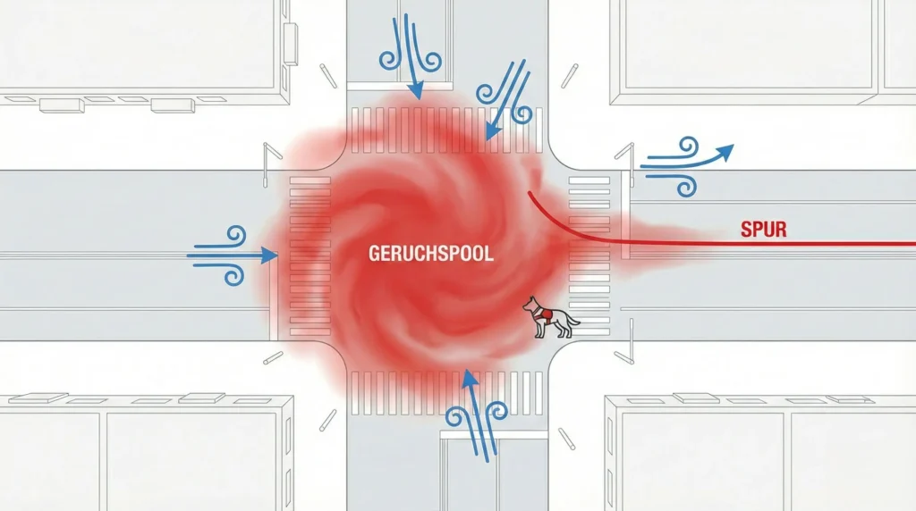 Vogelperspektive einer Kreuzung: In der Mitte eine dichte rote Wolke (Geruchspool), von der eine dünne Spur nach rechts wegführt