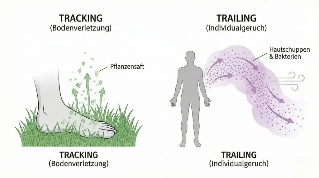 Schematische Grafik: Links ein Fußabdruck im Gras mit grünen Partikeln (Fährte), Rechts eine Menschen-Silhouette mit lila Geruchswolke im Wind (Mantrailing)