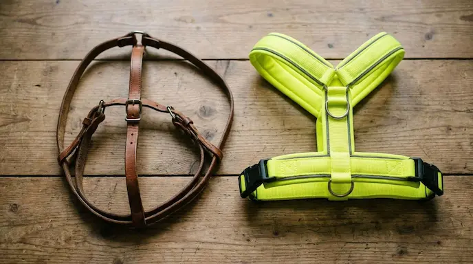 Produktaufnahme: Links ein braunes Leder-Böttchergeschirr, Rechts ein gepolstertes neongelbes Y-Geschirr auf einem Holztisch