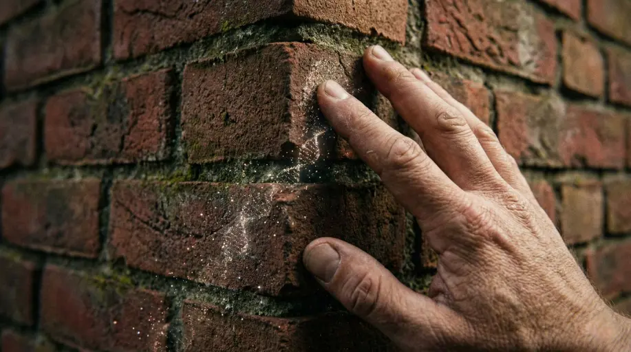 Versteckperson reibt beim Abbiegen an einer Hausecke mit der Hand, um eine stärkere Geruchsmarke zu setzen