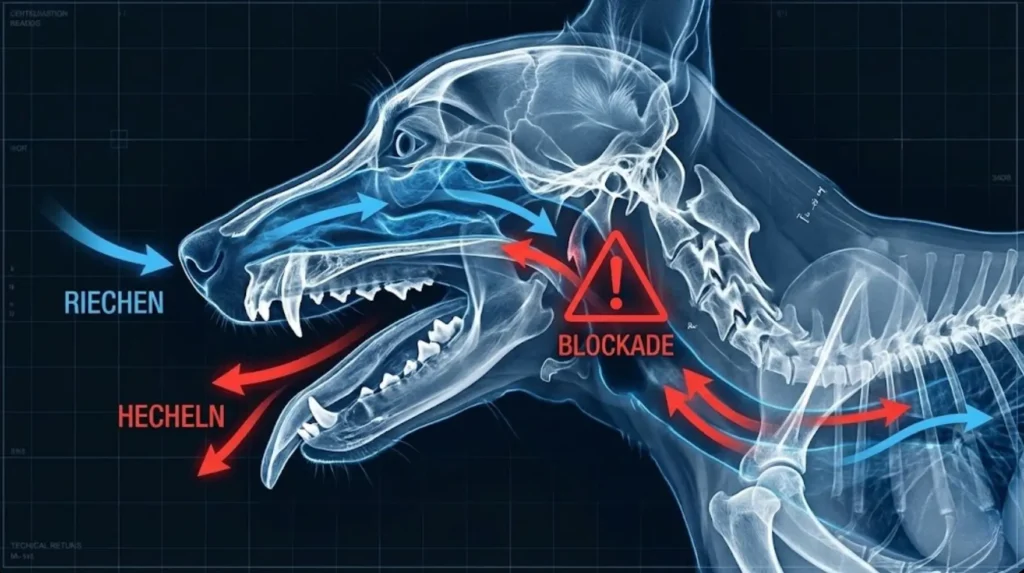Vergleichsgrafik Kopf eines Hundes: Blau zeigt den Luftstrom beim Riechen (Nase), Rot zeigt den Luftstrom beim Kühlen (Maul). Überlappung zeigt den Konflikt.