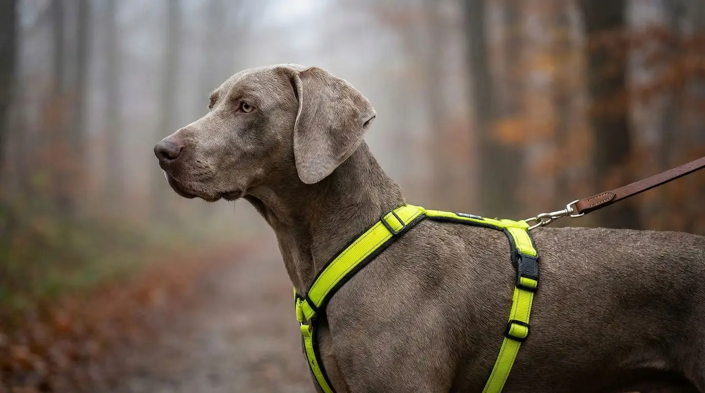 Weimaraner im neongelben Mantrailing-Geschirr zieht im Wald an der Leine, zeigt optimale Passform an der Schulter
