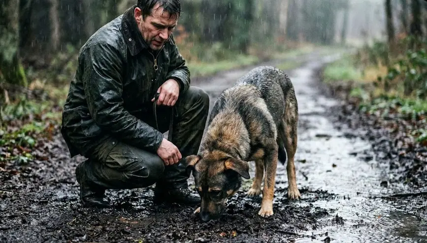 Nahaufnahme eines Bloodhounds im Regen, nasses Fell, Wassertropfen in der Luft, konzentrierter Ausdruck, dunkle Atmosphäre