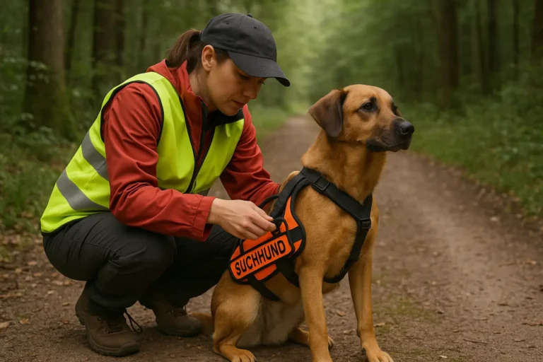 Eine Hundeführerin in einer Warnweste legt ihrem Hund vor einem Sucheinsatz das Geschirr an, im Hintergrund ein Waldweg.