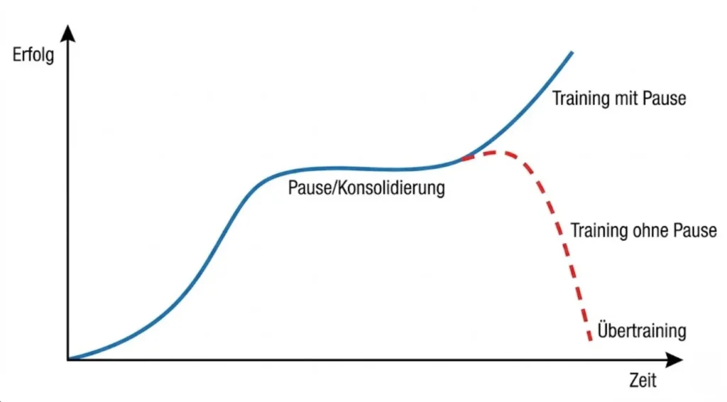 Grafik einer Lernkurve: Kurve steigt an (Training), flacht ab (Pause/Verarbeitung) und steigt dann höher. Vergleich mit Kurve ohne Pausen (Abfall).