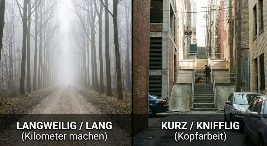 Split-Screen: Links ein endloser gerader Waldweg (langweilig), Rechts eine komplexe Kreuzungssituation in der Stadt (spannend)