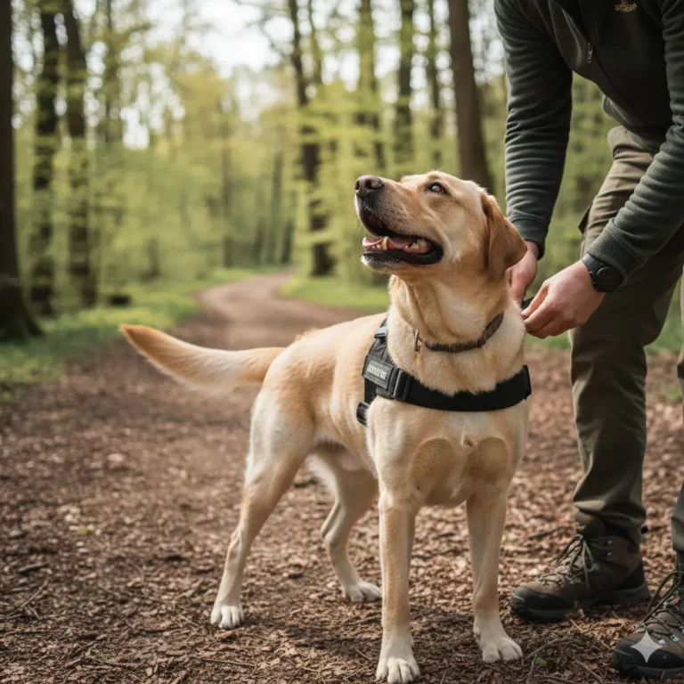 Ein glücklicher Hund, ein Labrador, schaut erwartungsvoll zu seinem Menschen auf, während er sein Mantrailing-Geschirr angelegt bekommt.