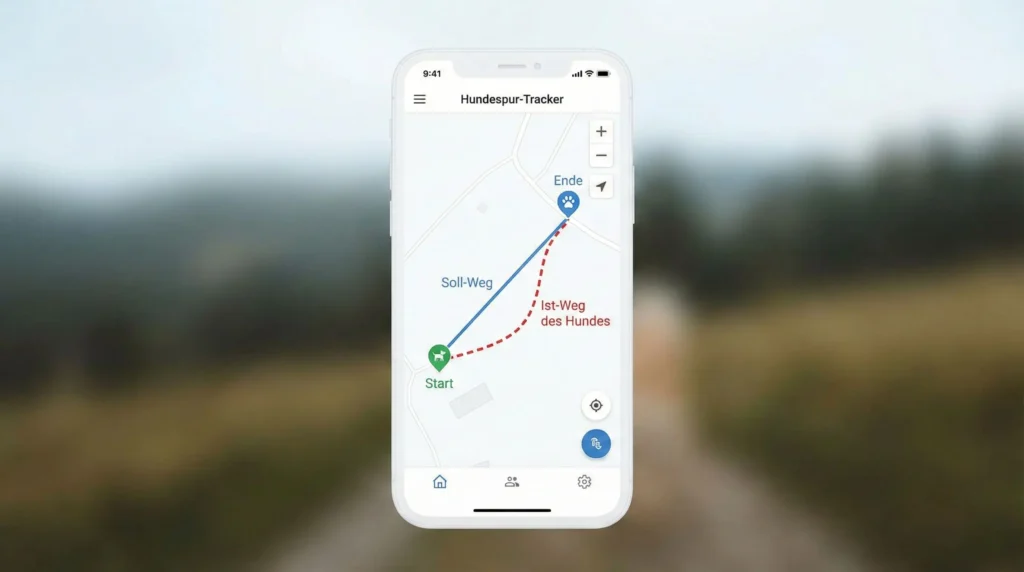 Smartphone-Screen zeigt eine Karte. Eine blaue Linie (Spurleger) und eine rote Linie (Hund) liegen übereinander, weichen aber an einer Kurve ab.