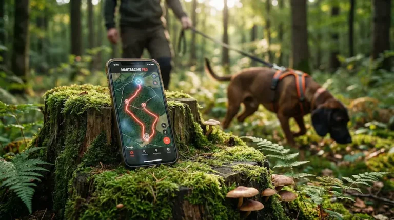 Ein Smarphone mit Mantrailing App im Wald