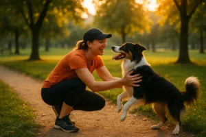 Nach einem Abbruch folgt ein kurzer Erfolgstrail im Park: Hund findet die Zielperson und wird am Ziel groß belohnt – Motivation bleibt hoch.