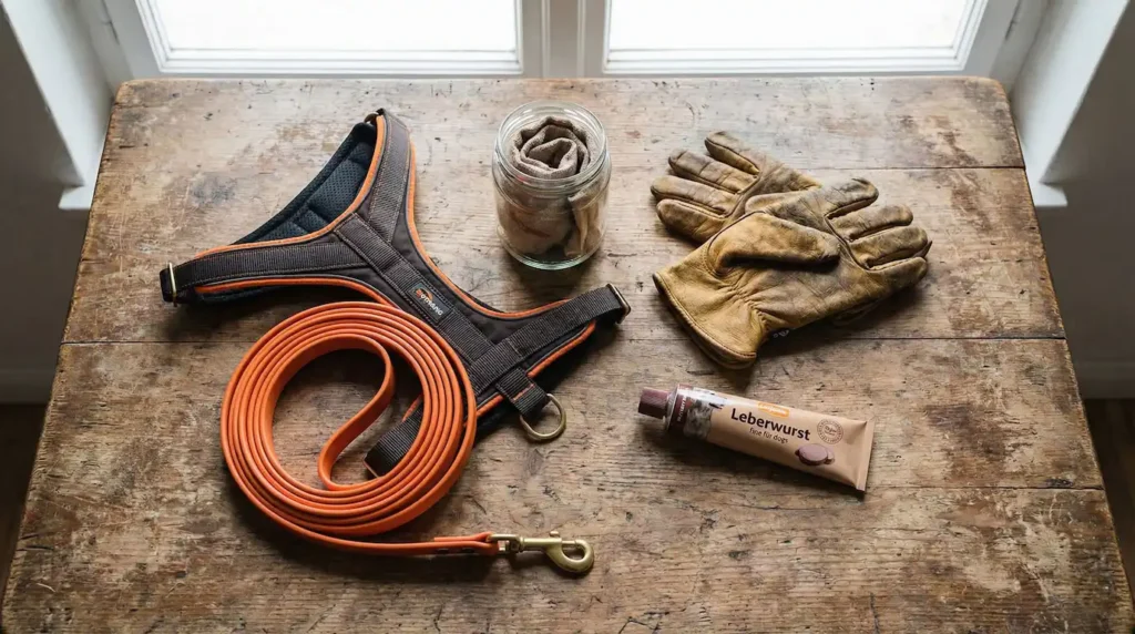 Mantrailing Ausrüstung auf Holztisch: Biothane-Leine, Geschirr, Geruchsartikel im Glas und Handschuhe