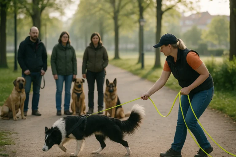 Mantrailing-Gruppe im Stadtpark: ein Team arbeitet an der Spur, andere beobachten und lernen; Schleppleine locker, Geschirr passt, ruhige Morgenstimmung.
