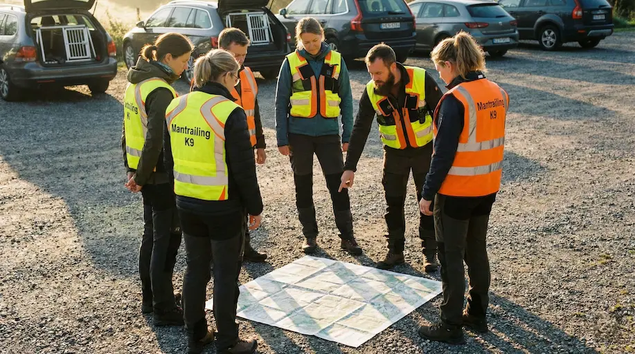 Gruppe von Hundeführern in Warnwesten steht im Kreis um eine Karte und bespricht den Ablauf, Hunde sind nicht im Bild