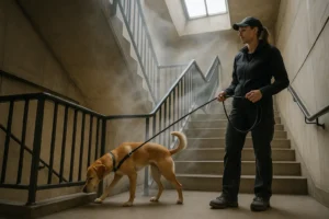 Mantrailing-Übung im Treppenhaus: Hund differenziert Auf- oder Abstieg; Leinenhandling ruhig, Prüfzeit gegeben.