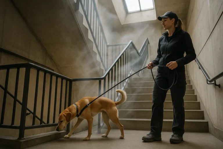 Mantrailing-Übung im Treppenhaus: Hund differenziert Auf- oder Abstieg; Leinenhandling ruhig, Prüfzeit gegeben.