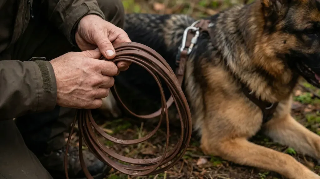 Hundeführerin nimmt die lange Leine auf (verkürzt sie), stellt sich ruhig neben den Hund und signalisiert mit der Körperhaltung 'Ende', keine negativen Emotionen