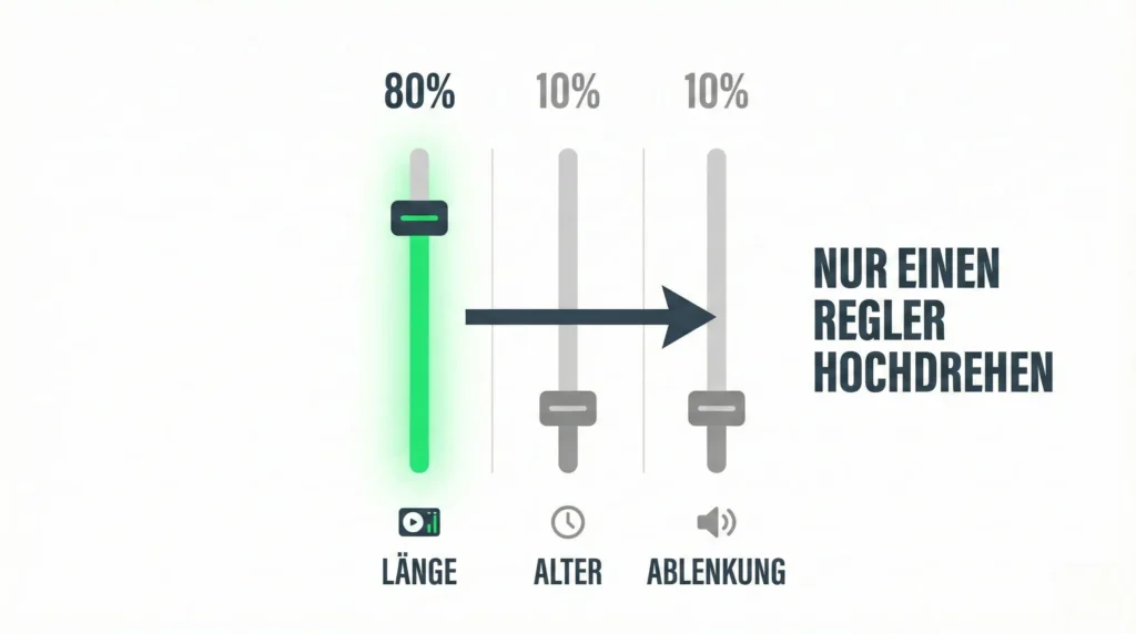 Grafik eines Mischpults mit 3 Schiebereglern: 1. Länge, 2. Alter, 3. Ablenkung. Ein Regler ist oben, zwei sind unten (Prinzip der Isolation).