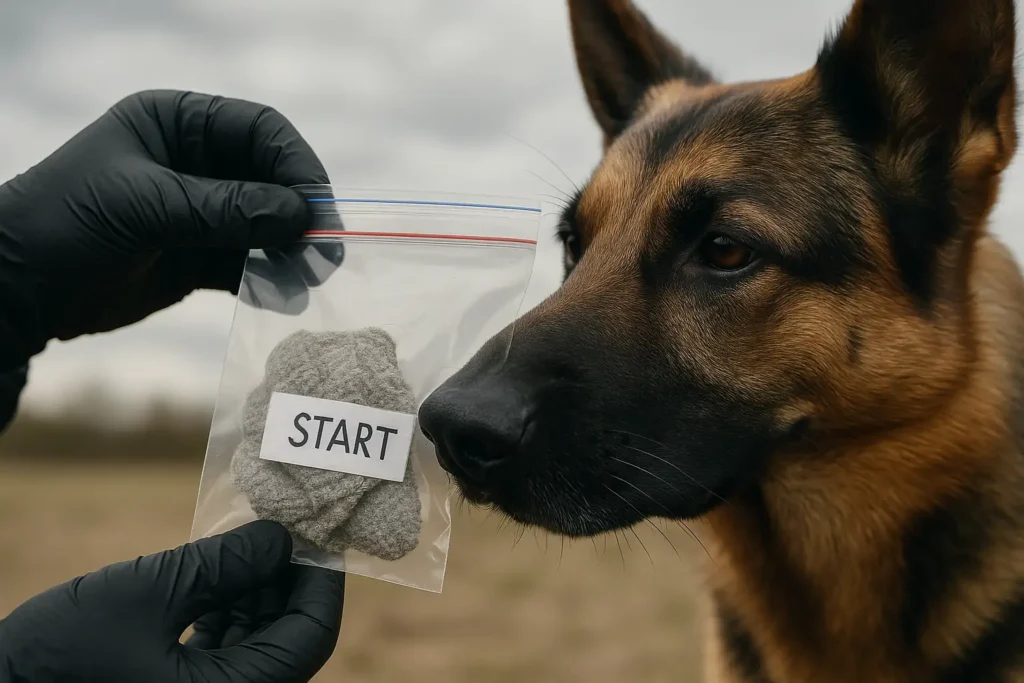 Sauber gesicherter Scent-Artikel im Zip-Beutel; Hund riecht kontrolliert an und nimmt die gealterte Spur konzentriert auf.