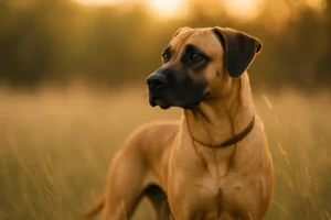 Ein Black Mouth Cur Hund, in einem Feld, von vorne fotografiert.