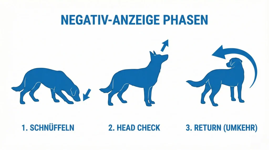 Grafische Darstellung der Hundekörpersprache beim Negativ: Rute sinkt, Kopf geht hoch, Hund dreht sich zum Führer um
