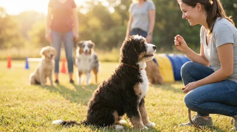 Eine kleine Gruppe von Welpen verschiedener Rassen sitzt entspannt im Kreis auf einer Wiese, ein freundlicher Trainer hockt dabei