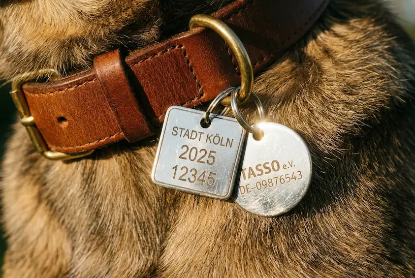 Nahaufnahme eines Lederhalsbandes am Hundehals, an dem eine glänzende Steuermarke und eine TASSO-Marke hängen