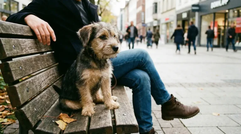 Ein kleiner Welpe sitzt entspannt auf einer Parkbank neben seinem Besitzer und beobachtet ruhig das Treiben in der Stadt, Symbol für gute Sozialisierung